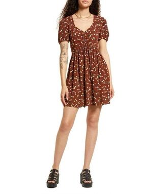 BP. Rust Kasey Ditsy Printed Babydoll Mini Dress